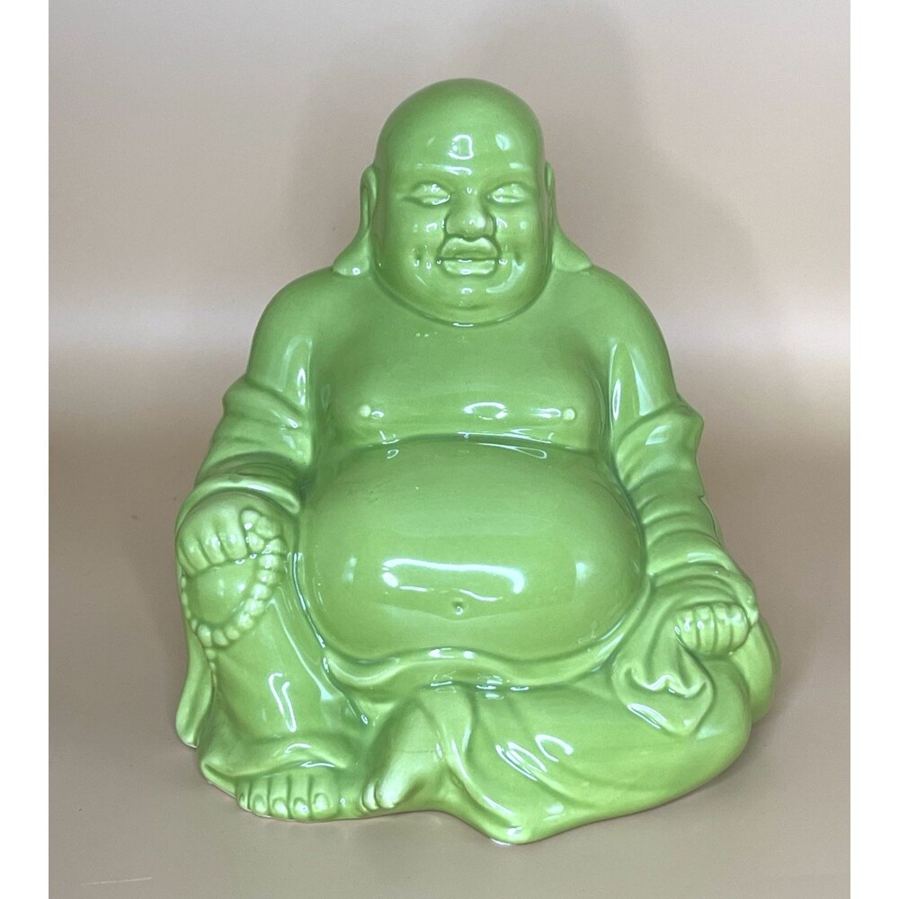 Vintage Neon Green Ceramic Laughing Buddha Statue Home Decor
